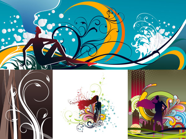 潮流花纹与女性剪影矢量素材