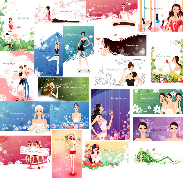 时尚女性与花纹植物矢量素材-1