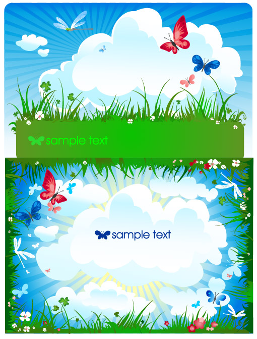 蝴蝶草地云朵矢量素材