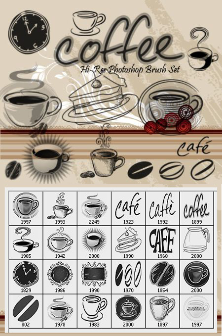 24款高清晰咖啡杯具及咖啡英文笔刷