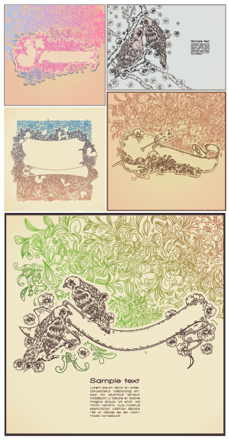 线描风格花朵花纹小鸟矢量素材