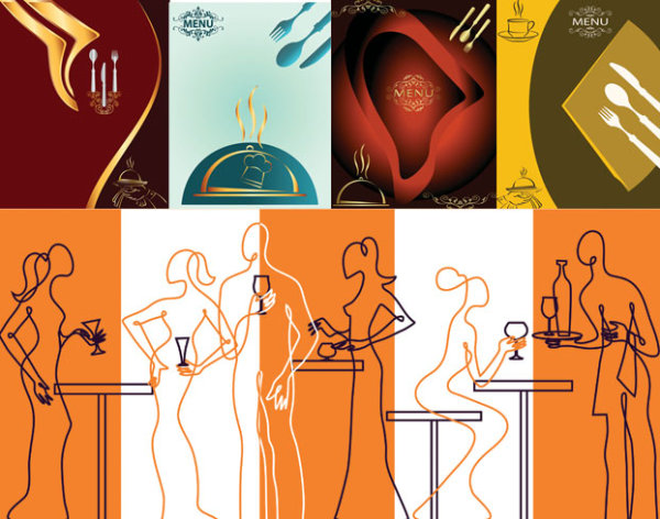 一笔画人物与餐具&mdash;矢量素材