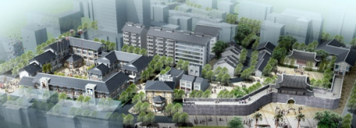 3d model overlooking city buildings