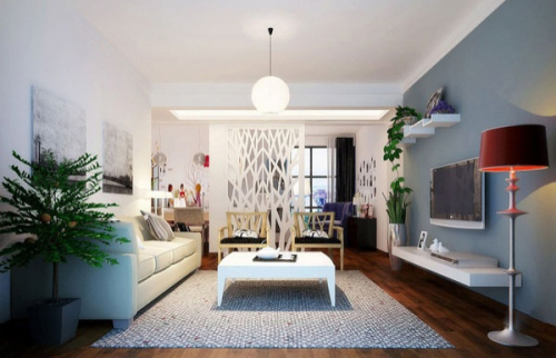 Blue minimalist living room model renderings