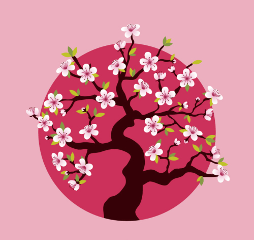 Blooming pink cherry tree vector material