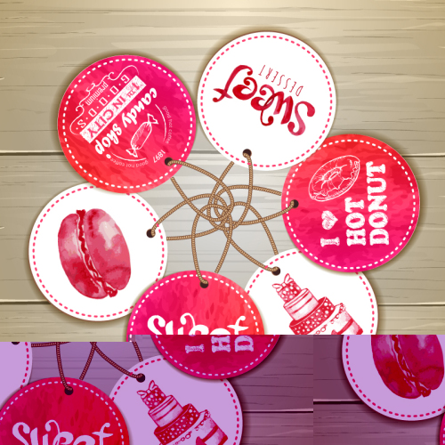 Round watercolor Dessert tag vector material