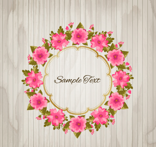 Pink flowers wood background vector material