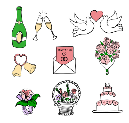 9 hand-painted wedding elements vector