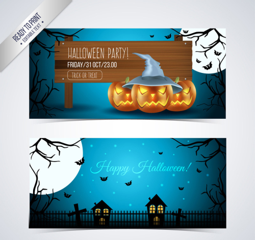 Blue Vector Halloween party card front and back