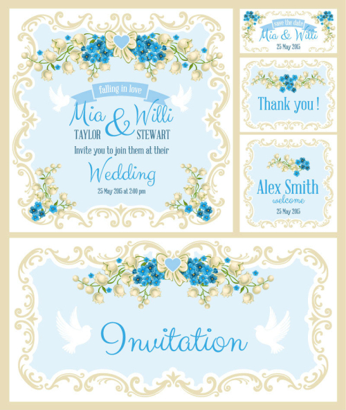 5 blue floral wedding invitation card vector material