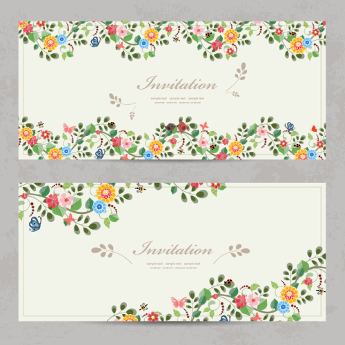 2 Cartoon Flower Butterfly Invitation Card Vector