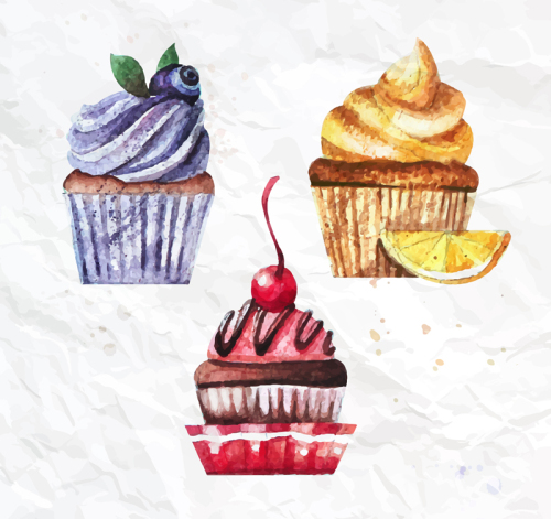 3 Watercolor cupcake vector material