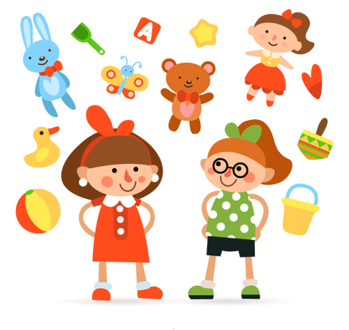 13 models of toys and cute girl vector material