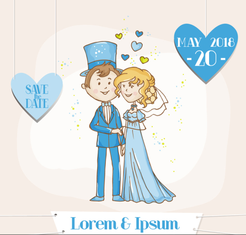 Blue cartoon bride and groom vector material