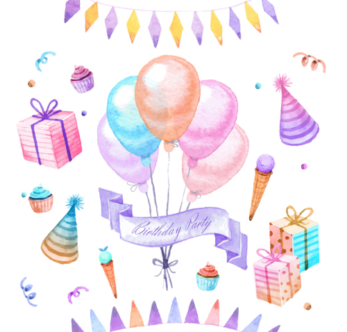 10 models of water colored vector birthday party elements