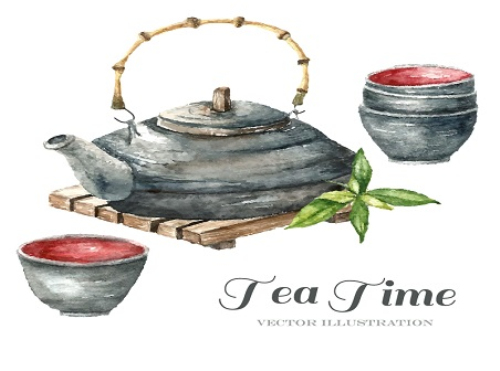 Water painted teapot and tea cup vector